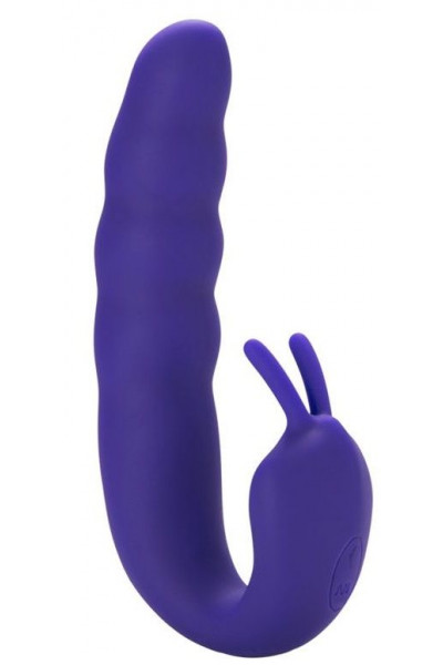 Фиолетовый вибратор Ribbed Dual Stimulator with Rolling Ball - 17 см.