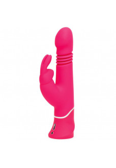 Розовый вибратор Thrusting Realistic Rechargeable Rabbit Vibrator с имитацией толчков - 22,8 см.