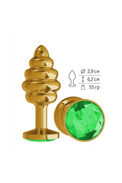 Золотистая пробка с рёбрышками и зеленым кристаллом - 7 см.