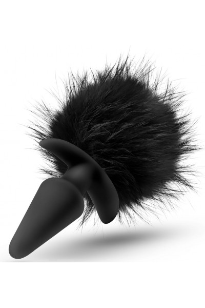 Силиконовая анальная пробка с чёрным заячьим хвостом Bunny Tail Pom Plug - 12,7 см.