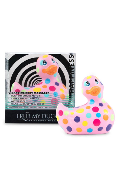 Розовый вибратор-уточка I Rub My Duckie 2.0 Happiness в разноцветный горох