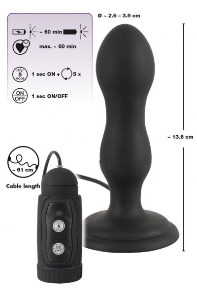 Черная анальная вибропробка с вращением Butt Plug - 13,6 см.