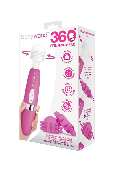 Розовый ротационный жезловый вибратор с двумя насадками 360° Spinning Head Wand Massager Set