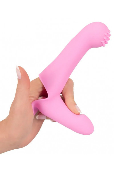 Нежно-розовая двойная вибронасадка на палец Vibrating Finger Extension - 17 см.