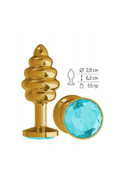 Золотистая пробка с рёбрышками и голубым кристаллом - 7 см.