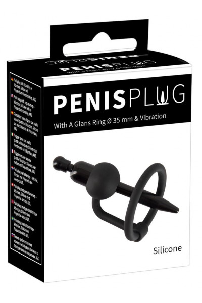 Черный силиконовый дилятор с вибрацией и кольцом PenisPlug with a Glans Ring   Vibration