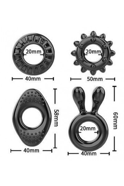 Набор из 4 черных эрекционных колец на пенис