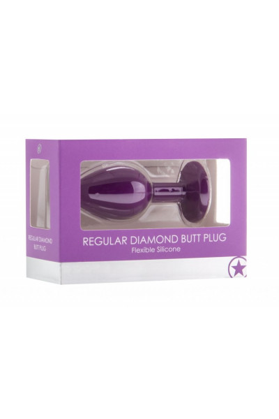 Фиолетовая анальная пробка OUCH! Regular Diamond Butt Plug с прозрачным кристаллом - 7,3 см.