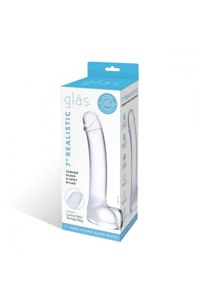 Прозрачный стеклянный фаллос с мошонкой Curved G-Spot - 18 см.