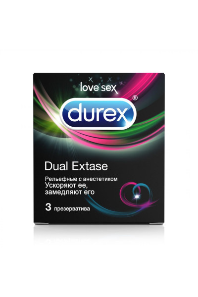 Рельефные презервативы с анестетиком Durex Dual Extase - 3 шт.