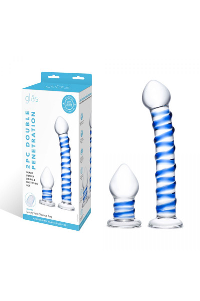 Набор из 2 стеклянных игрушек с синей спиралью Swirly Dildo   Buttplug Set