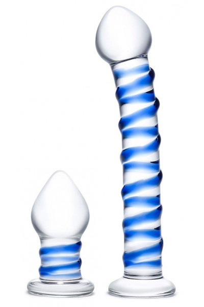 Набор из 2 стеклянных игрушек с синей спиралью Swirly Dildo   Buttplug Set