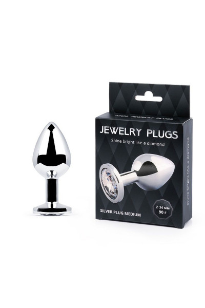 Анальная пробка SILVER PLUG MEDIUM с прозрачным кристаллом - 8,2 см.