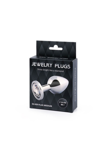 Анальная пробка SILVER PLUG MEDIUM с прозрачным кристаллом - 8,2 см.