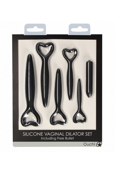 Набор черных вагинальных расширителей с вибропулей Silicone Vaginal Dilator Set