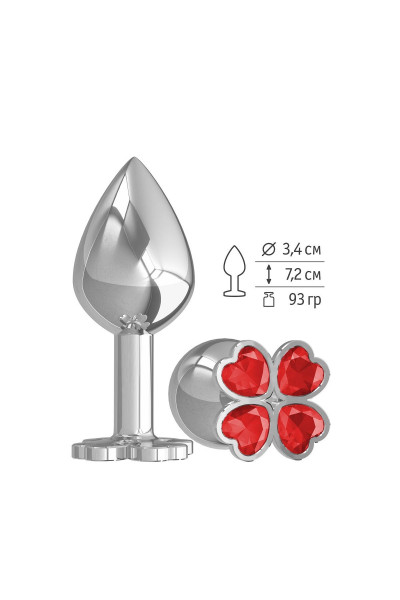 Средняя серебристая анальная втулка с клевером из красных кристаллов - 8,5 см.