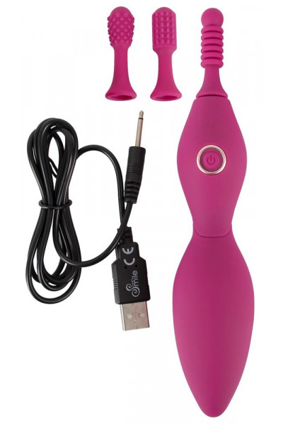 Ярко-розовый клиторальный вибратор с 3 насадками Spot Vibrator with 3 Tips - 17,9 см.